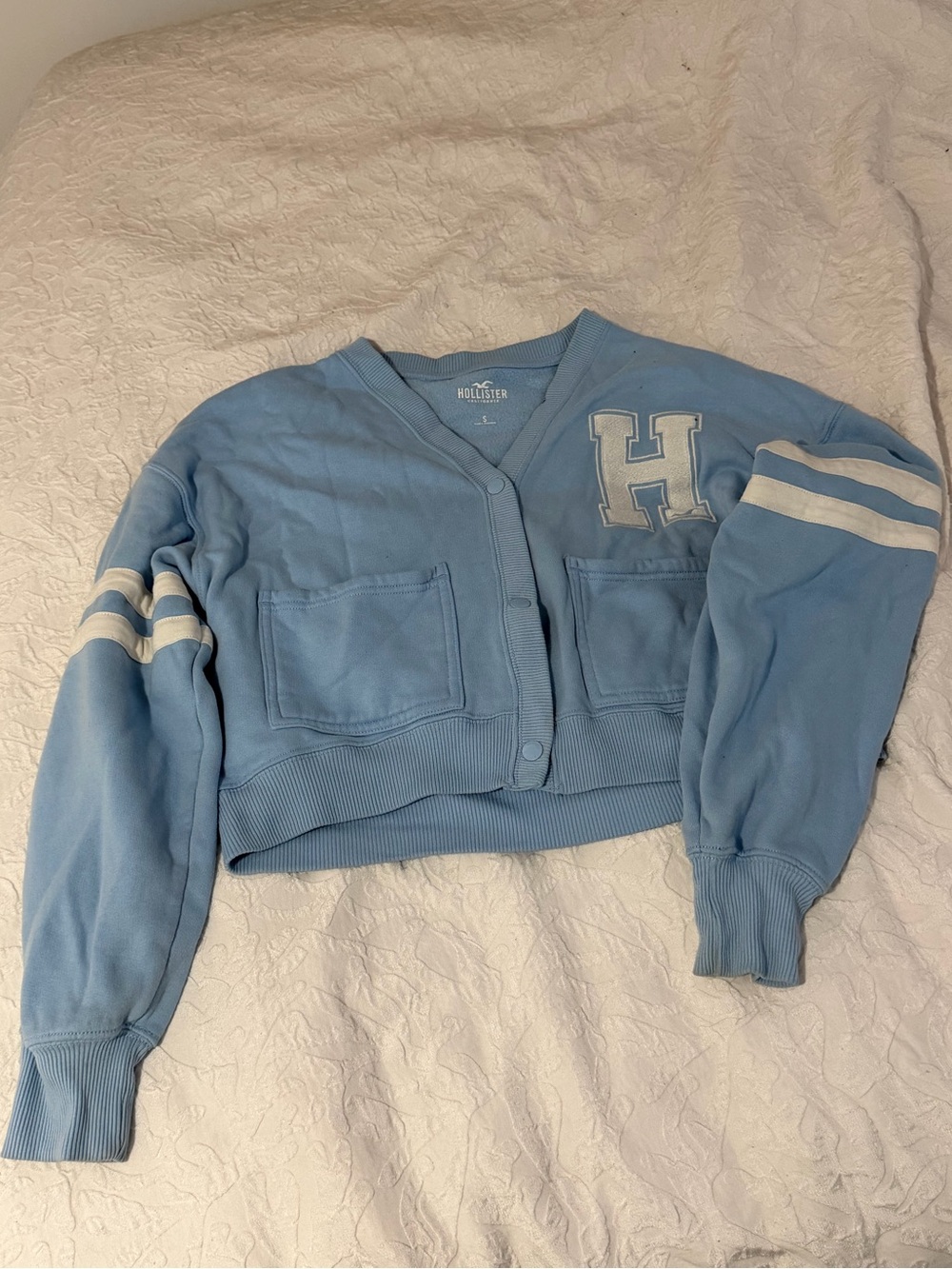 Hollister Pale Blue Cropped Button Cardigan with 'H' Patch